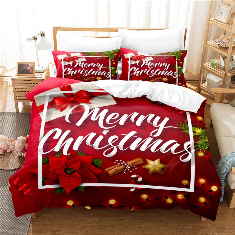 Christmas Duvet Cover Set with Poinsettia and String Lights Print Three-Piece Holiday Bedding - Image 3