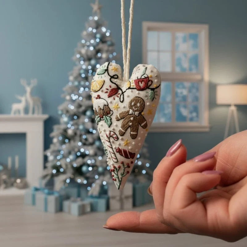 Christmas Embroidery Kit for Beginners with Heart-Shaped Ornament and Hand Supplies - Image 1