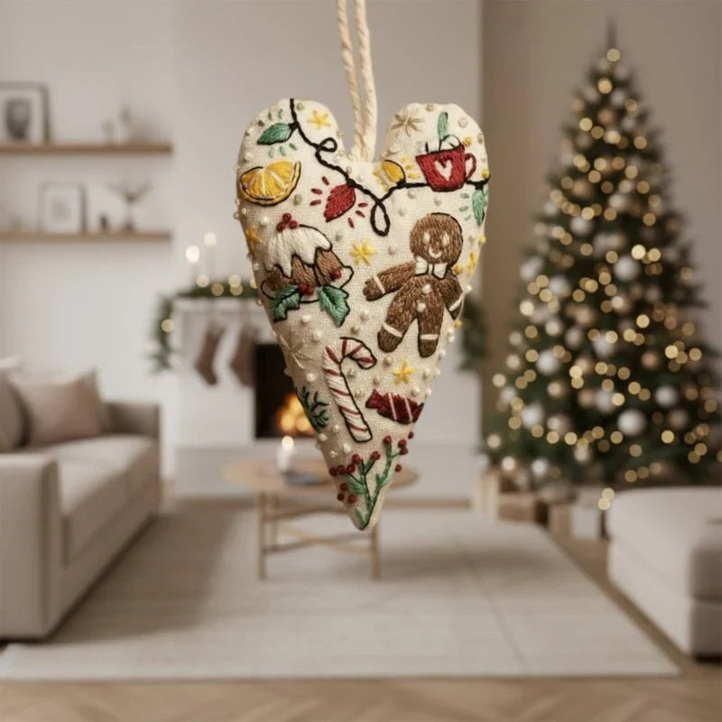 Christmas Embroidery Kit for Beginners with Heart-Shaped Ornament and Hand Supplies - Image 2