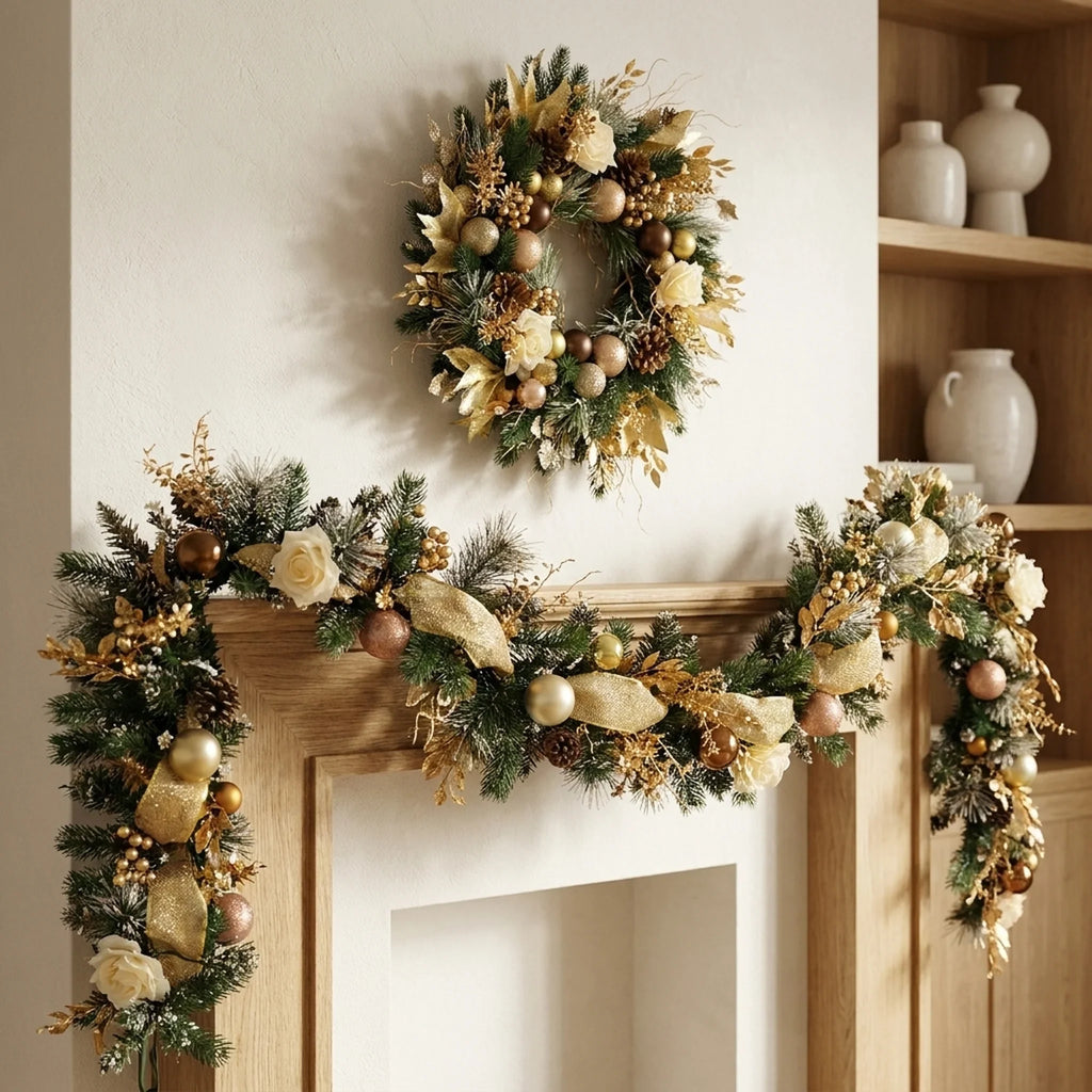 Christmas Garland for Mantle with Ornaments Roses and Pinecones - Image 1