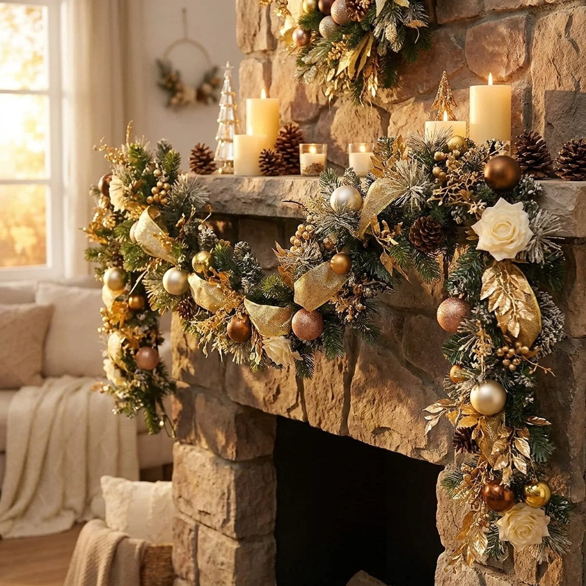 Christmas Garland for Mantle with Ornaments Roses and Pinecones - Image 2