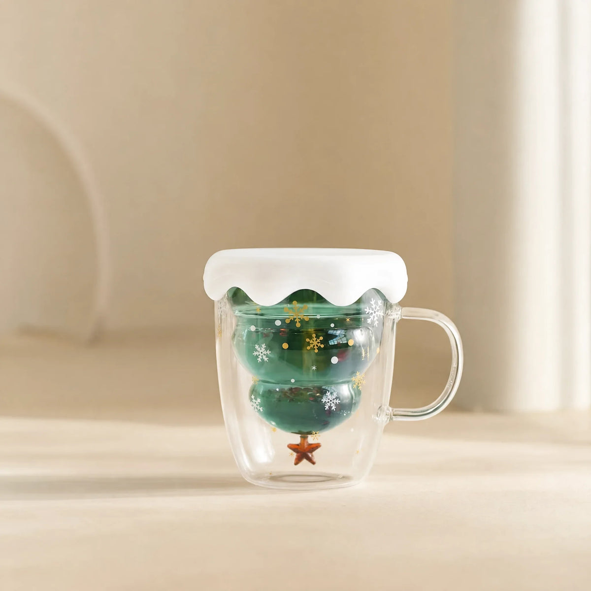 Christmas Mug Double Walled Glass with Tree Design and Snowflake Print 300ml - Image 1