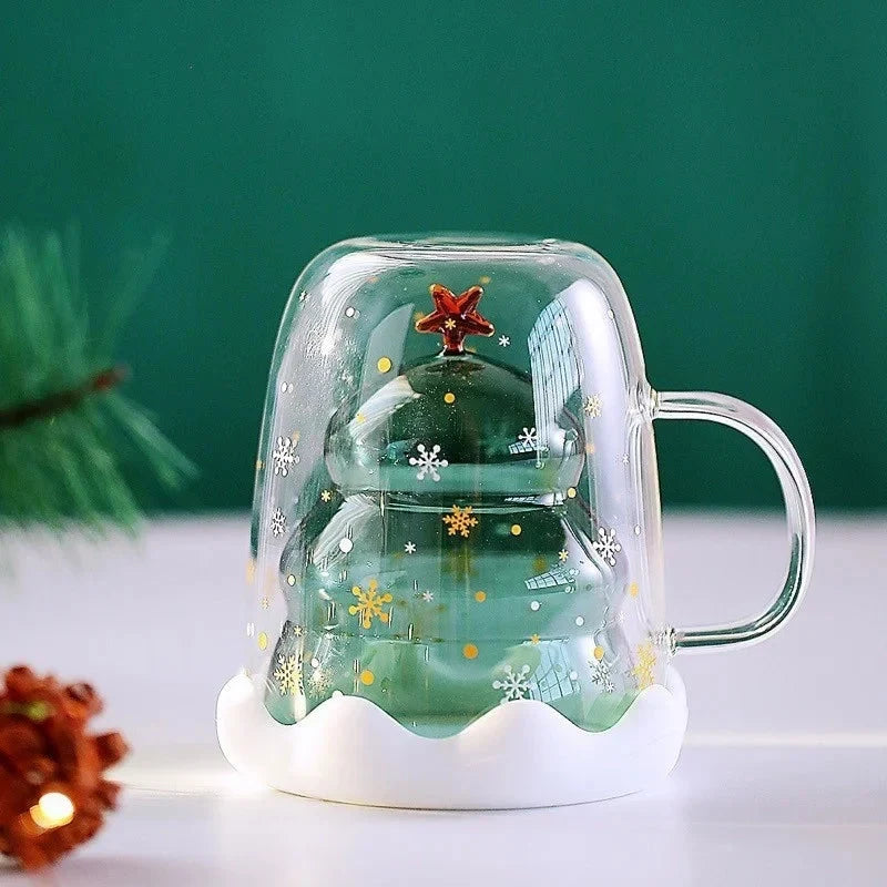 Christmas Mug Double Walled Glass with Tree Design and Snowflake Print 300ml - Image 3