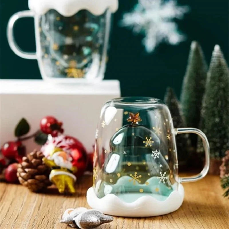 Christmas Mug Double Walled Glass with Tree Design and Snowflake Print 300ml - Image 4