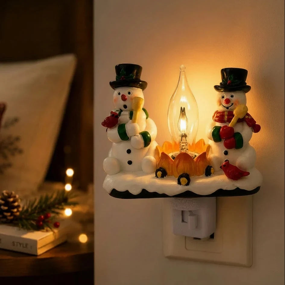 Christmas Night Lights with Snowman Campfire Design Plug-In Resin Figurines and Warm Yellow - Image 2