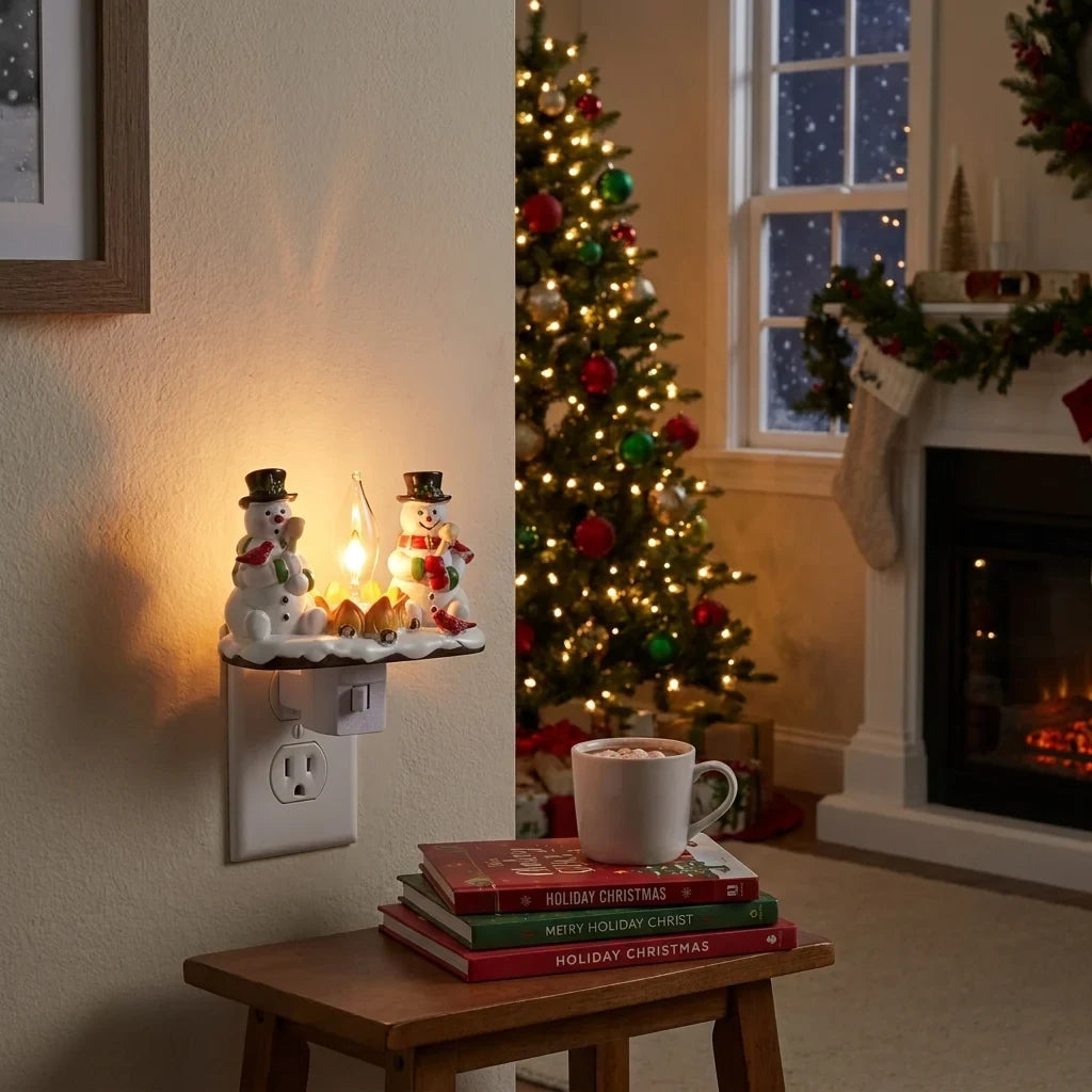 Christmas Night Lights with Snowman Campfire Design Plug-In Resin Figurines and Warm Yellow - Image 3