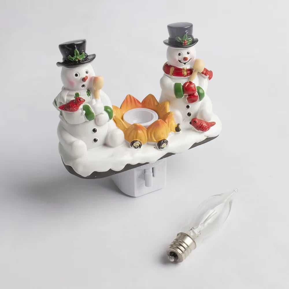 Christmas Night Lights with Snowman Campfire Design Plug-In Resin Figurines and Warm Yellow - Image 5
