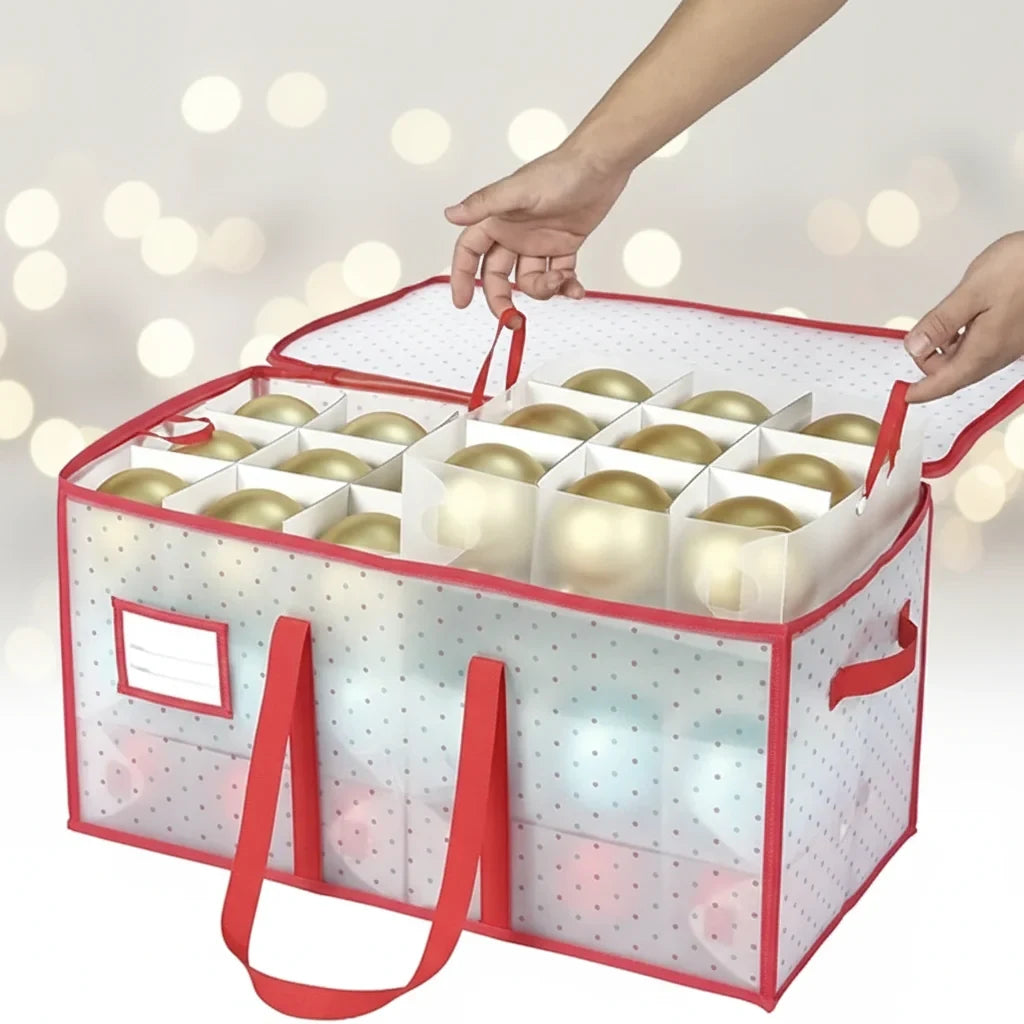 Christmas Ornament Storage Container with Grid Dividers and Zippered Lid - Image 1