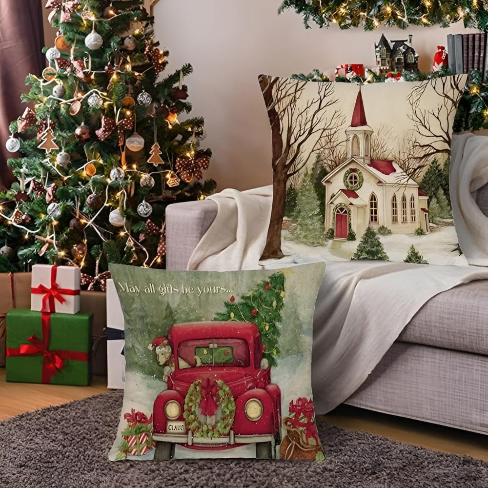 Christmas Pillow Cover with Hidden Zipper Polyester Linen Throw Festive Square Cushion - Image 1