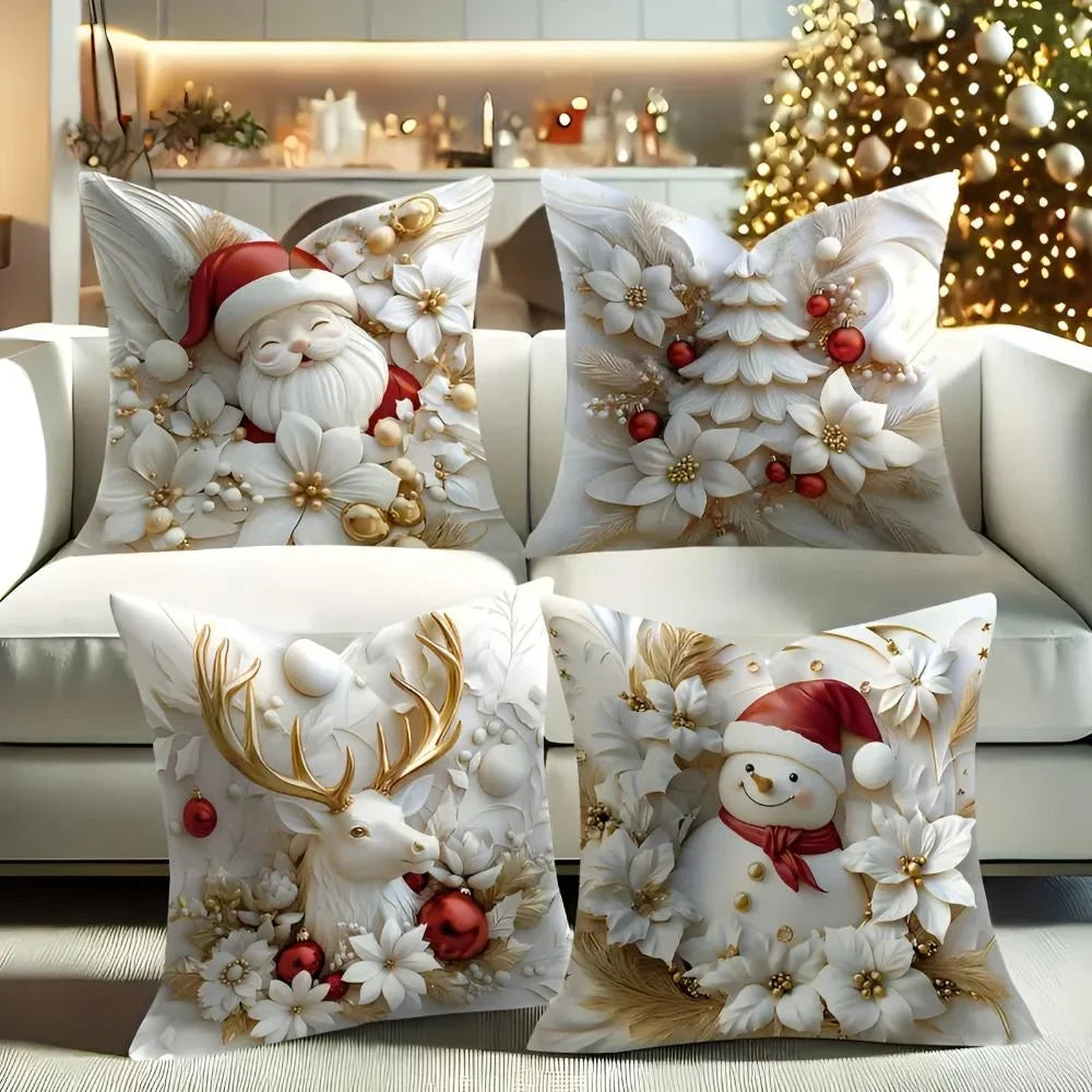 Christmas Pillow Covers Set of 4 Square Throw with 3D Santa Snowman Reindeer Tree Design - Image 1