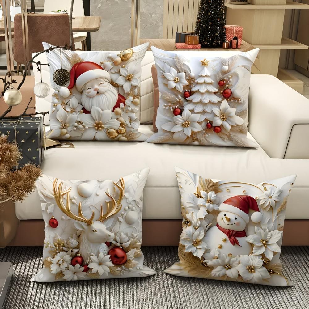 Christmas Pillow Covers Set of 4 Square Throw with 3D Santa Snowman Reindeer Tree Design - Image 2