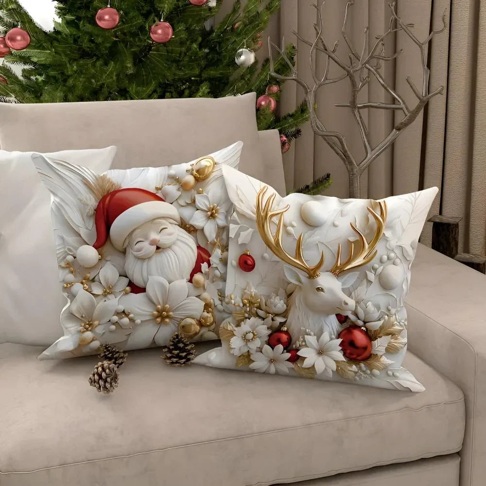 Christmas Pillow Covers Set of 4 Square Throw with 3D Santa Snowman Reindeer Tree Design - Image 3