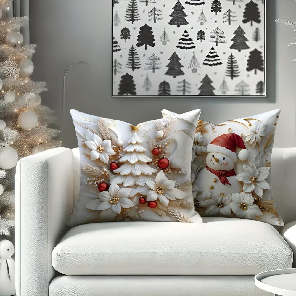 Christmas Pillow Covers Set of 4 Square Throw with 3D Santa Snowman Reindeer Tree Design - Image 4