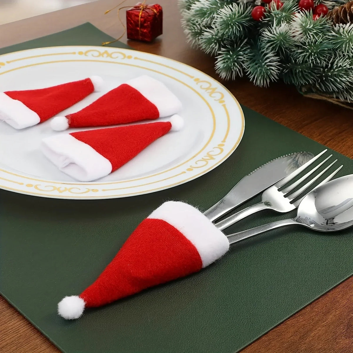 Christmas Santa Hat Felt Cutlery Holders with Pom-Pom Tops Set of 6 cm - Image 2