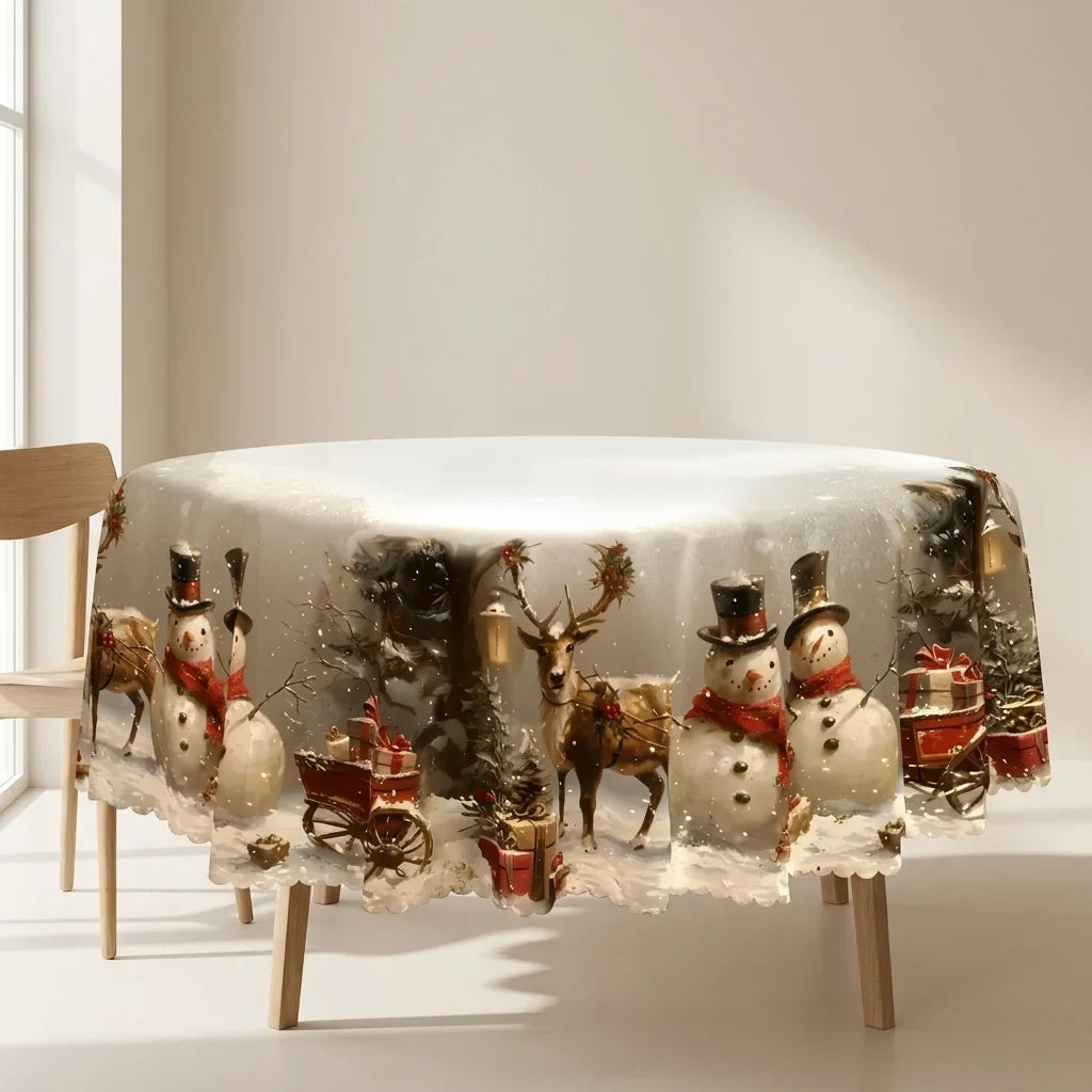 Christmas Tablecloth Rectangular with Snowman and Reindeer Print Scalloped Lace Hem - Image 1