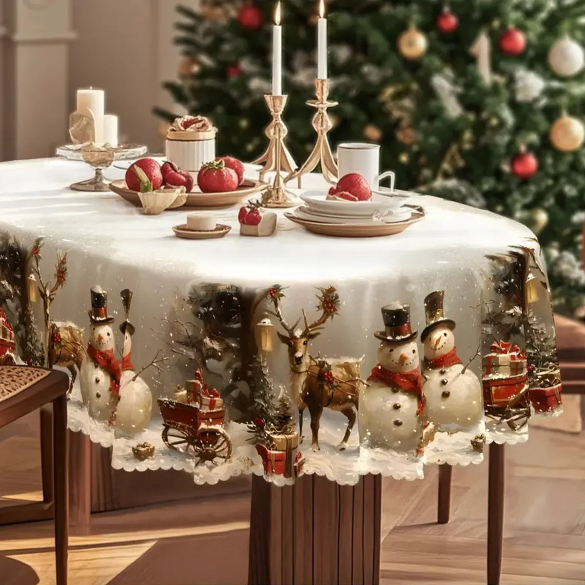 Christmas Tablecloth Rectangular with Snowman and Reindeer Print Scalloped Lace Hem - Image 2