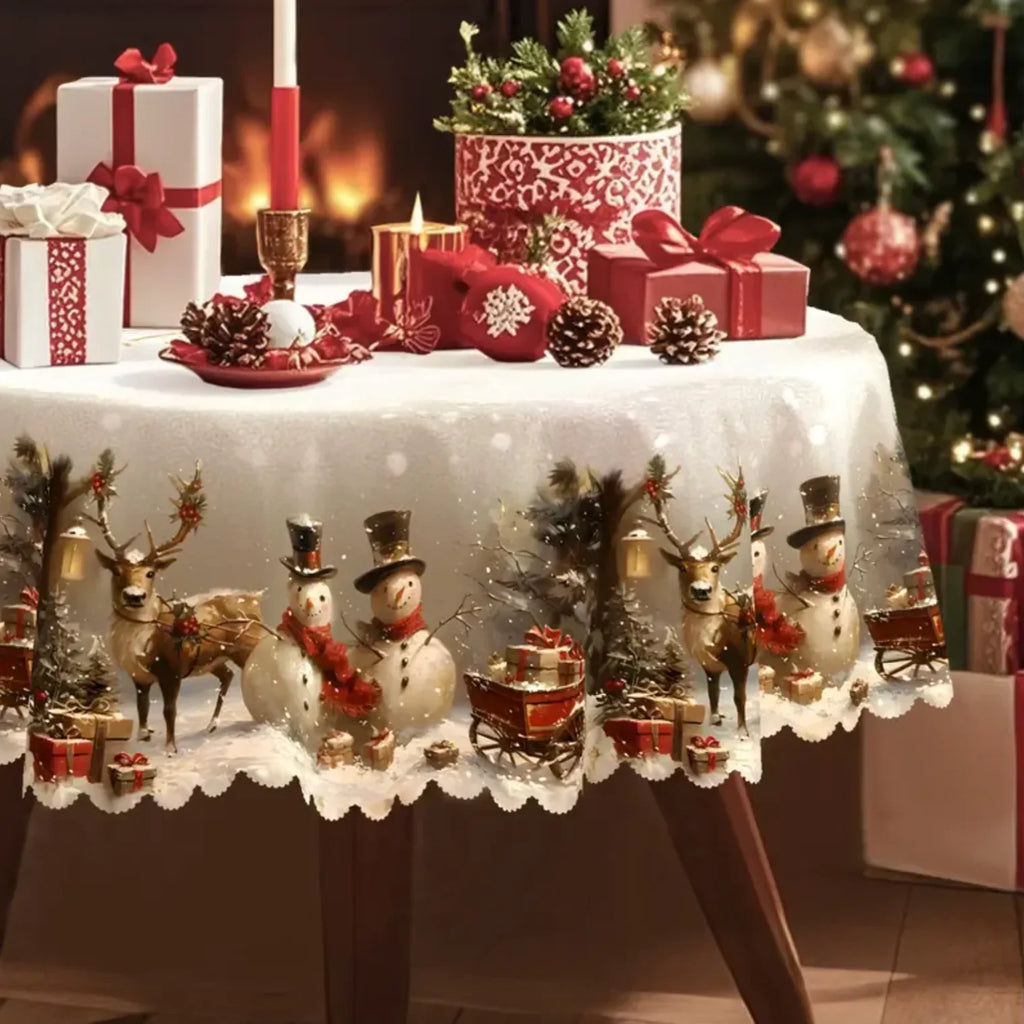 Christmas Tablecloth Rectangular with Snowman and Reindeer Print Scalloped Lace Hem - Image 3