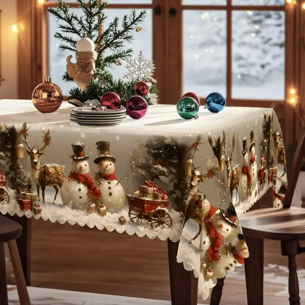 Christmas Tablecloth Rectangular with Snowman and Reindeer Print Scalloped Lace Hem - Image 4