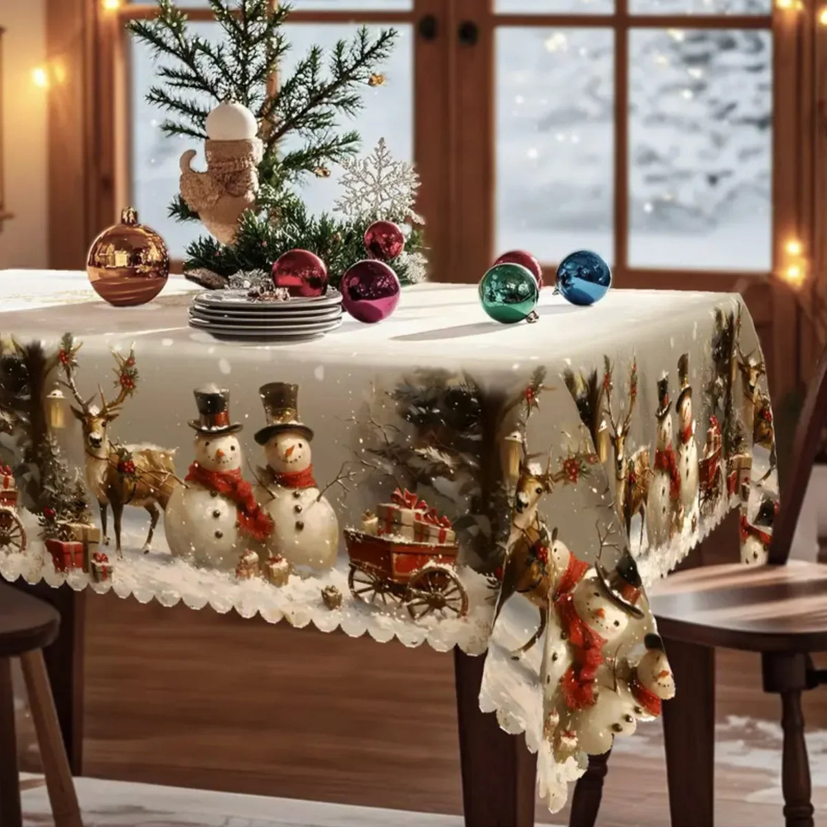 Christmas Tablecloth Rectangular with Snowman and Reindeer Print Scalloped Lace Hem - Image 4