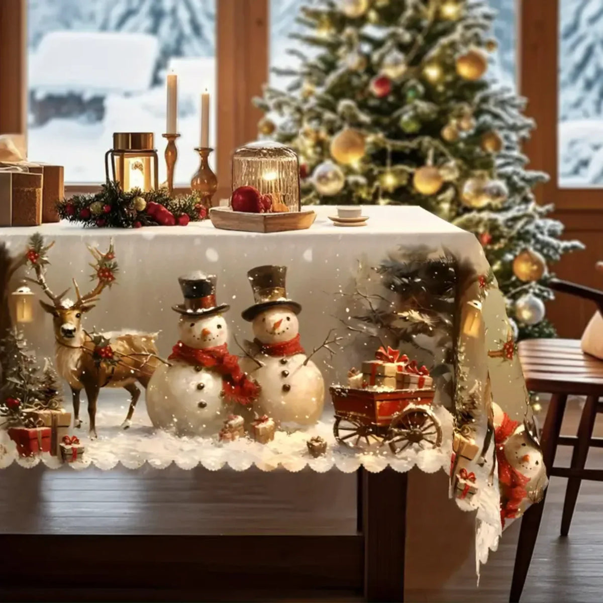 Christmas Tablecloth Rectangular with Snowman and Reindeer Print Scalloped Lace Hem - Image 5