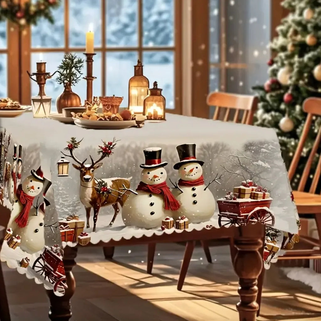 Christmas Tablecloth Rectangular with Snowman and Reindeer Print Scalloped Lace Hem - Image 6