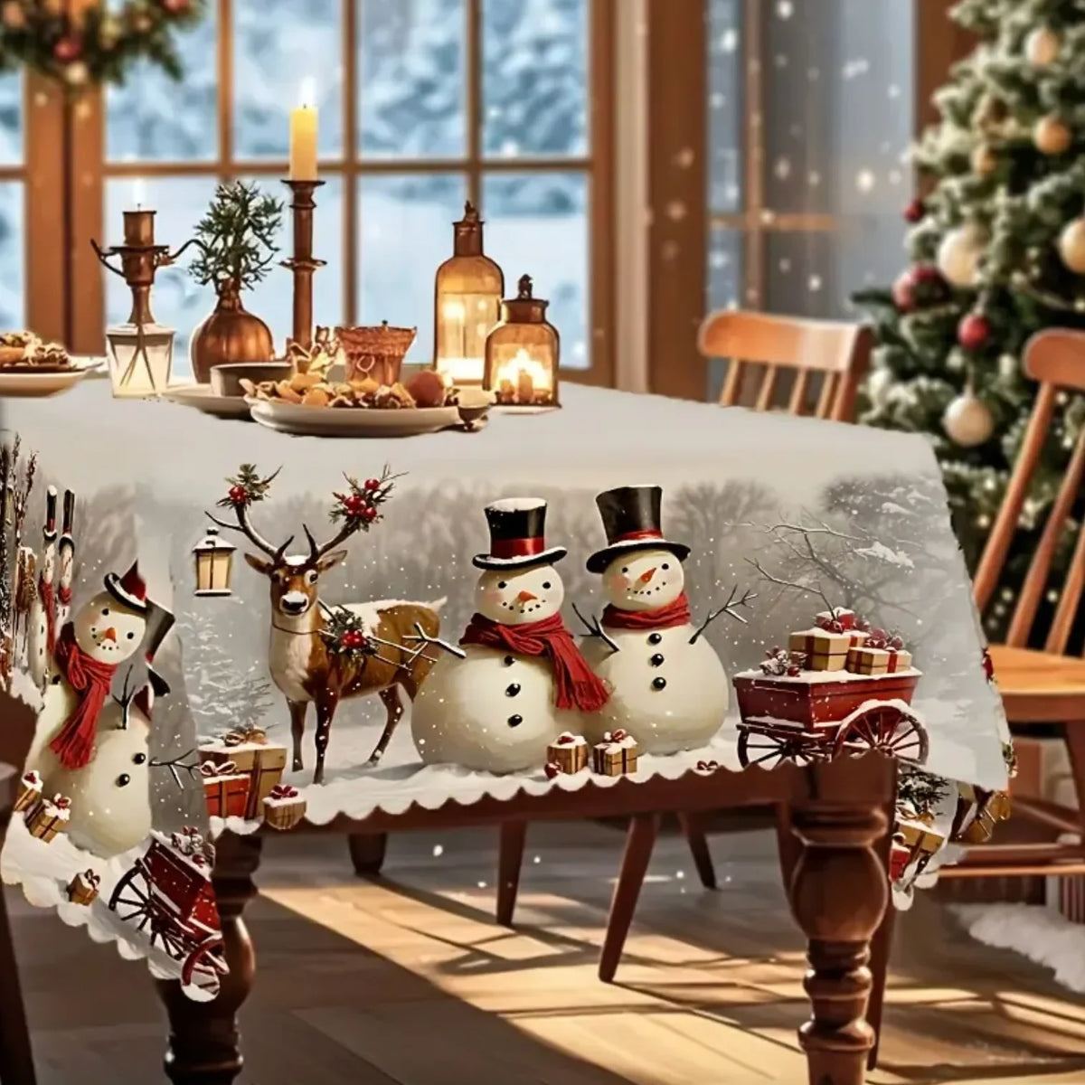 Christmas Tablecloth Rectangular with Snowman and Reindeer Print Scalloped Lace Hem - Image 6