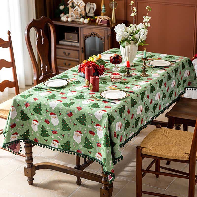Christmas Tablecloth with Festive Santa Tree and Gift Print Pom-Pom Trim - Image 1