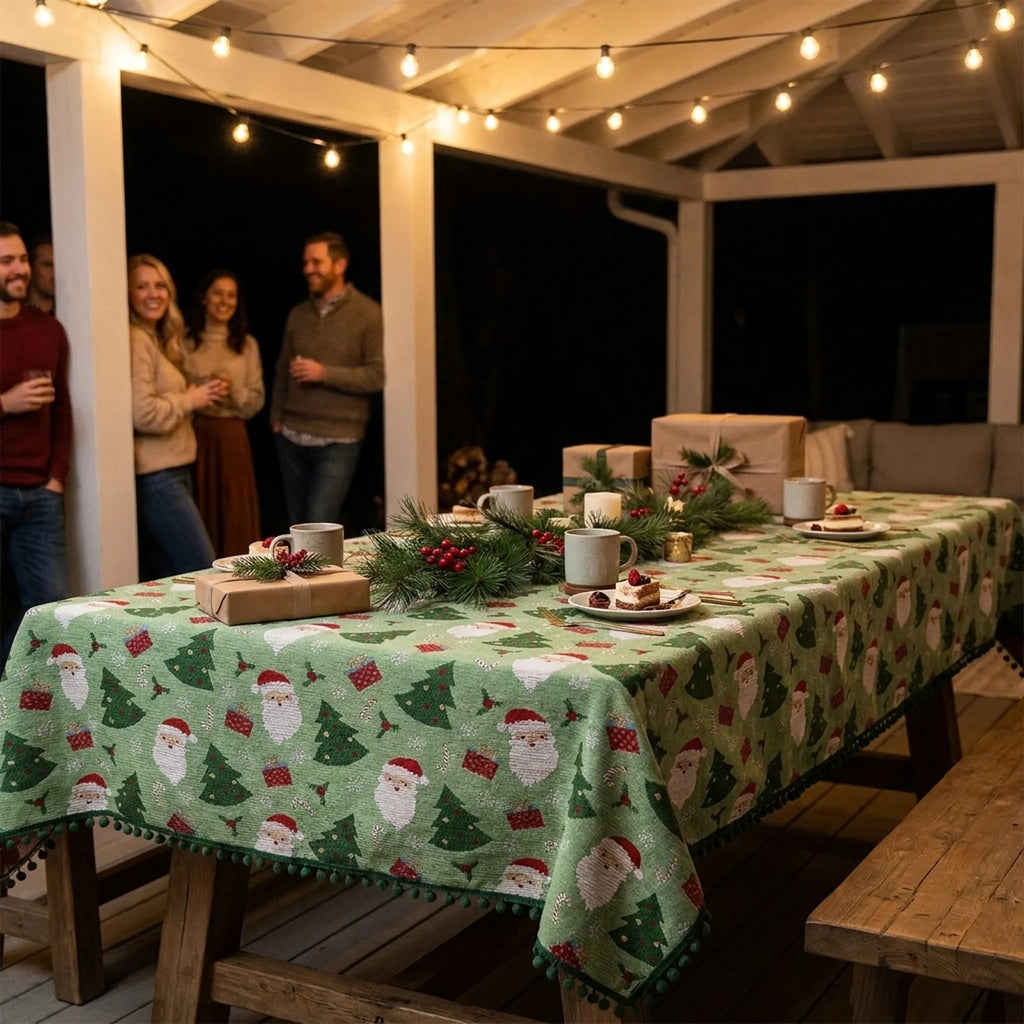 Christmas Tablecloth with Festive Santa Tree and Gift Print Pom-Pom Trim - Image 4