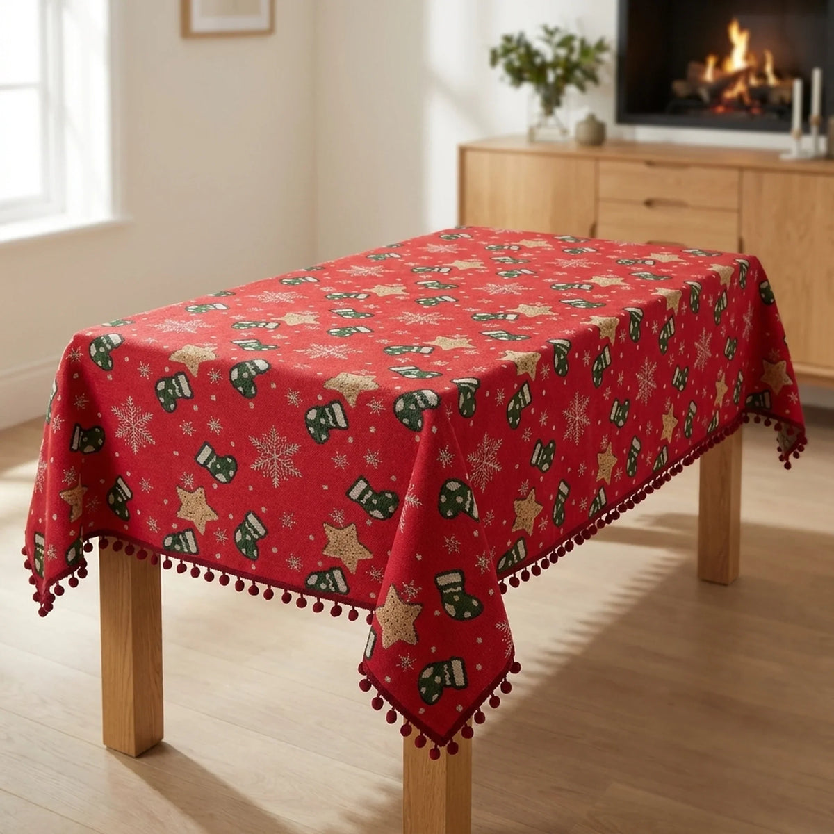 Christmas Tablecloth with Pom-Pom Fringe Snowflake and Stocking Pattern for Holiday Dining - Image 1