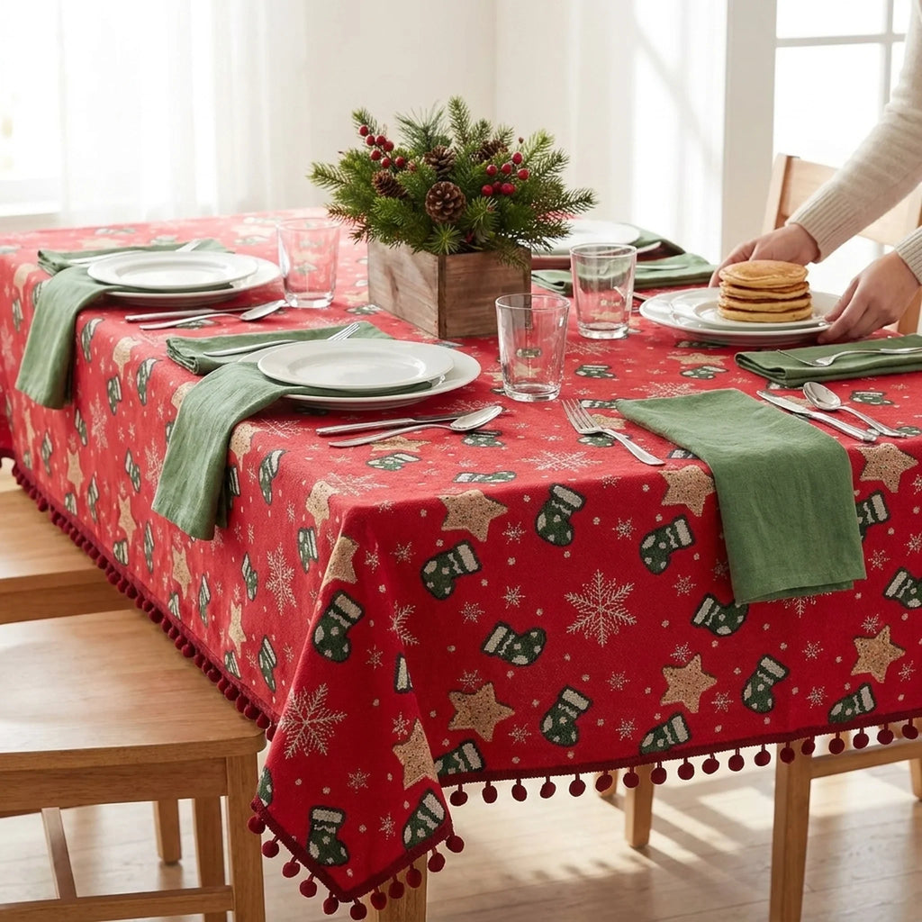 Christmas Tablecloth with Pom-Pom Fringe Snowflake and Stocking Pattern for Holiday Dining - Image 2
