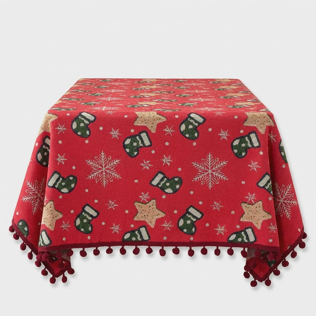 Christmas Tablecloth with Pom-Pom Fringe Snowflake and Stocking Pattern for Holiday Dining - Image 3