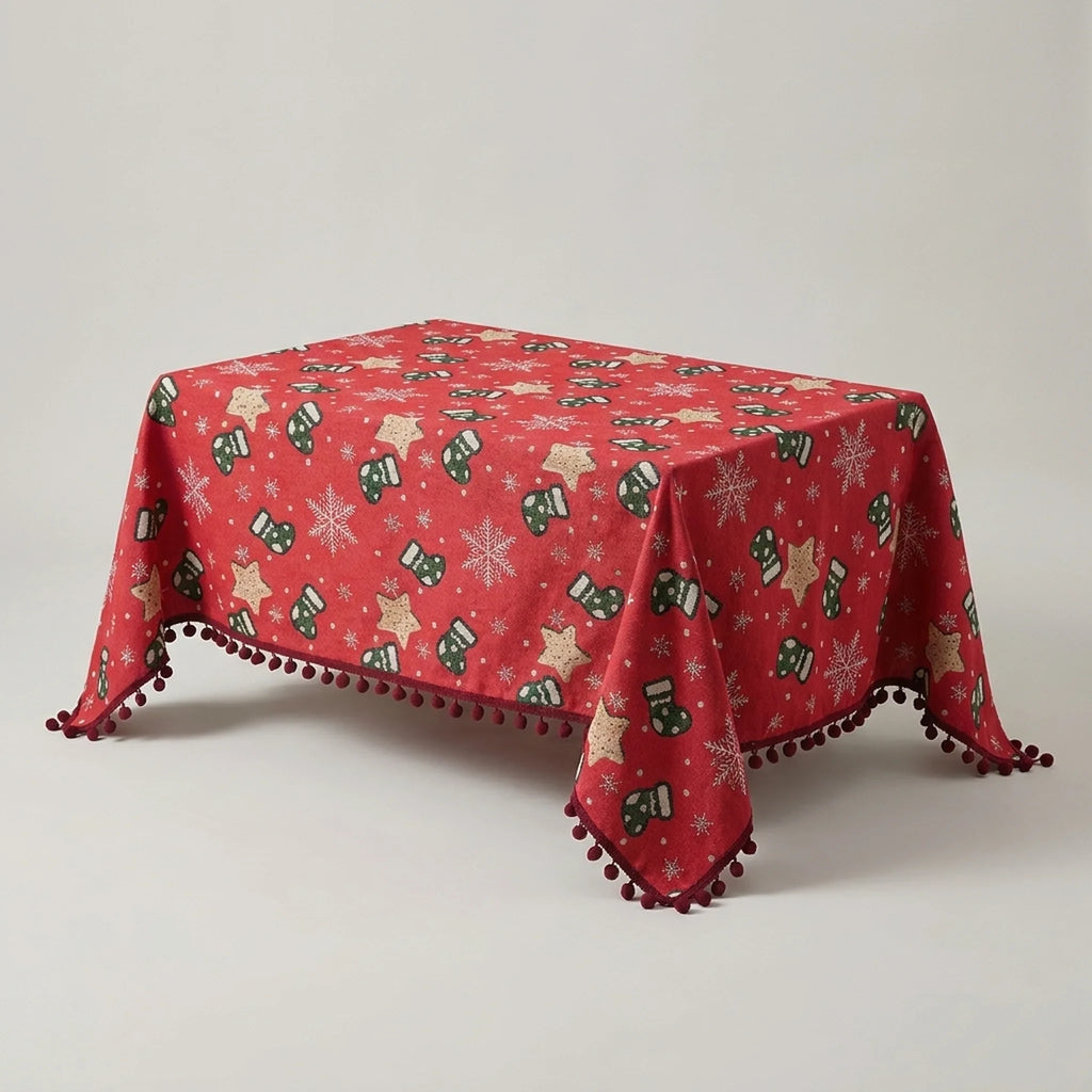 Christmas Tablecloth with Pom-Pom Fringe Snowflake and Stocking Pattern for Holiday Dining - Image 4