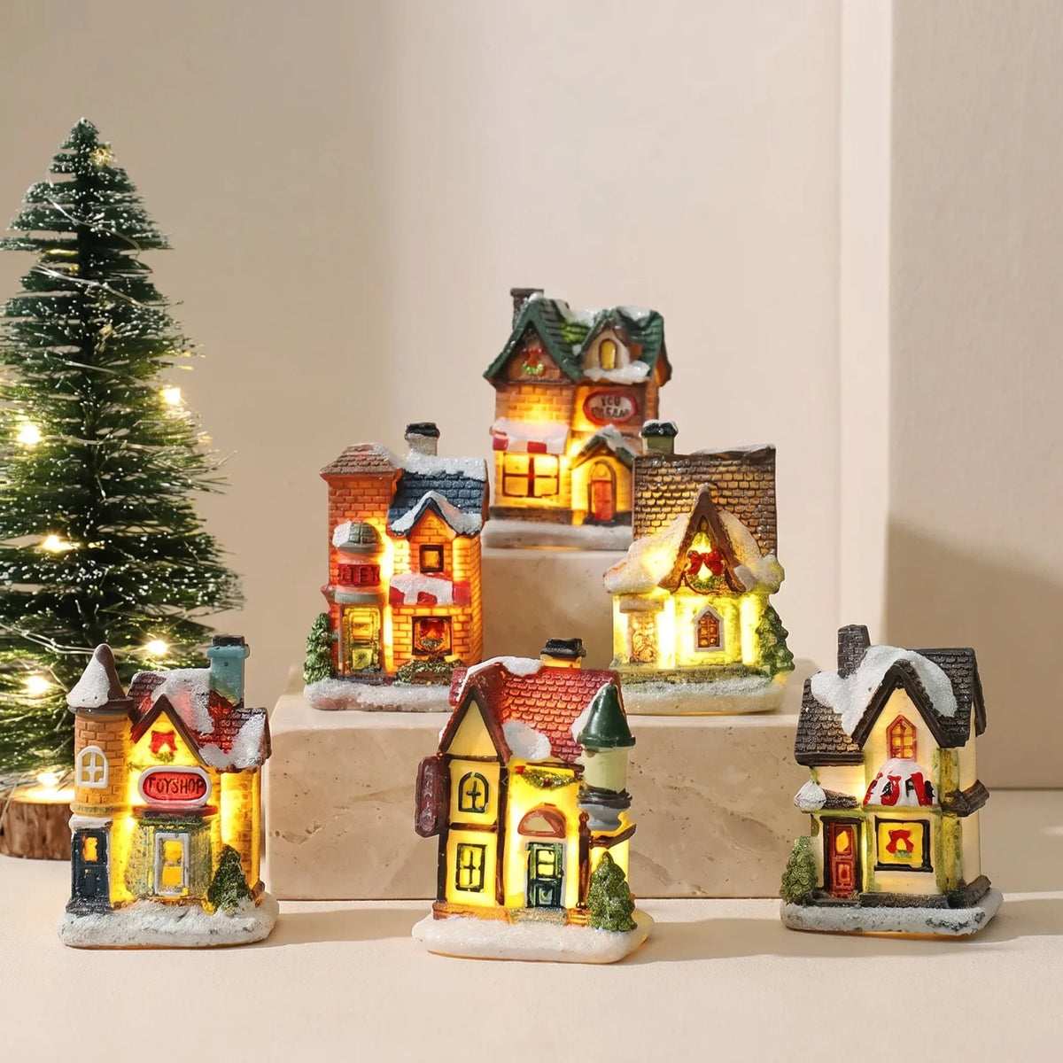 Christmas Village Set with 6 Miniature Houses LED Lights and Snow-Covered Roofs - Image 1