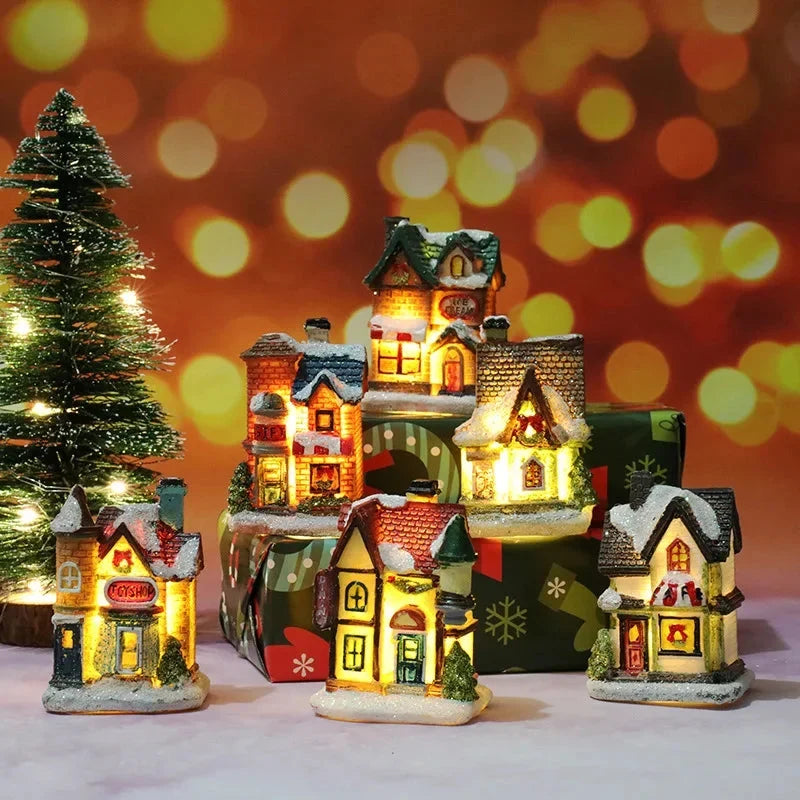 Christmas Village Set with 6 Miniature Houses LED Lights and Snow-Covered Roofs - Image 2