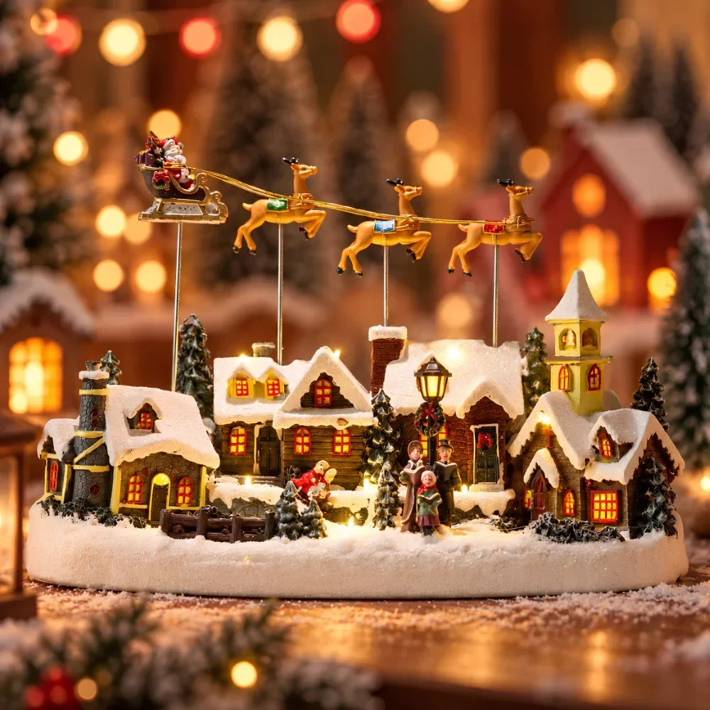 Christmas Village with LED Lights and Rotating Miniature Train Decoration - Image 1