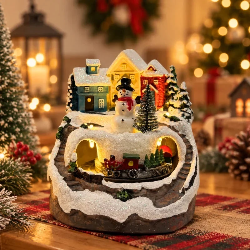 Christmas Village with LED Lights and Rotating Miniature Train Decoration - Image 10