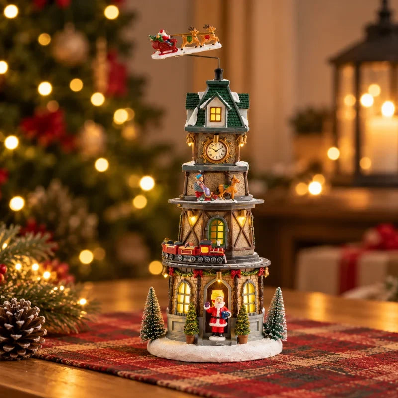 Christmas Village with LED Lights and Rotating Miniature Train Decoration - Image 11