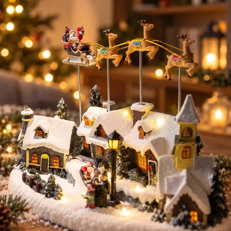 Christmas Village with LED Lights and Rotating Miniature Train Decoration - Image 12