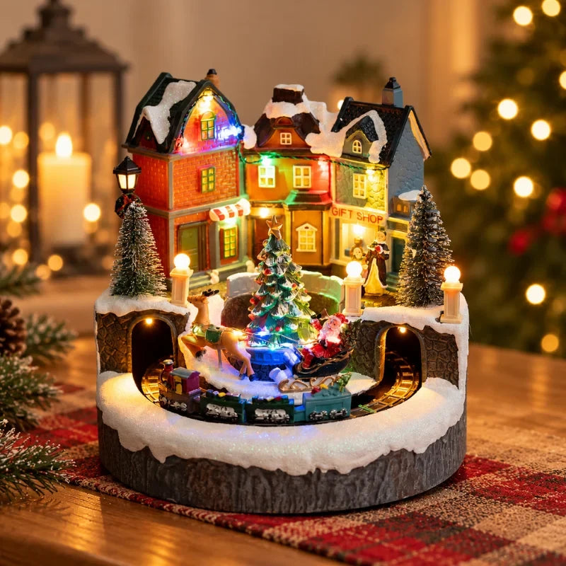Christmas Village with LED Lights and Rotating Miniature Train Decoration - Image 2