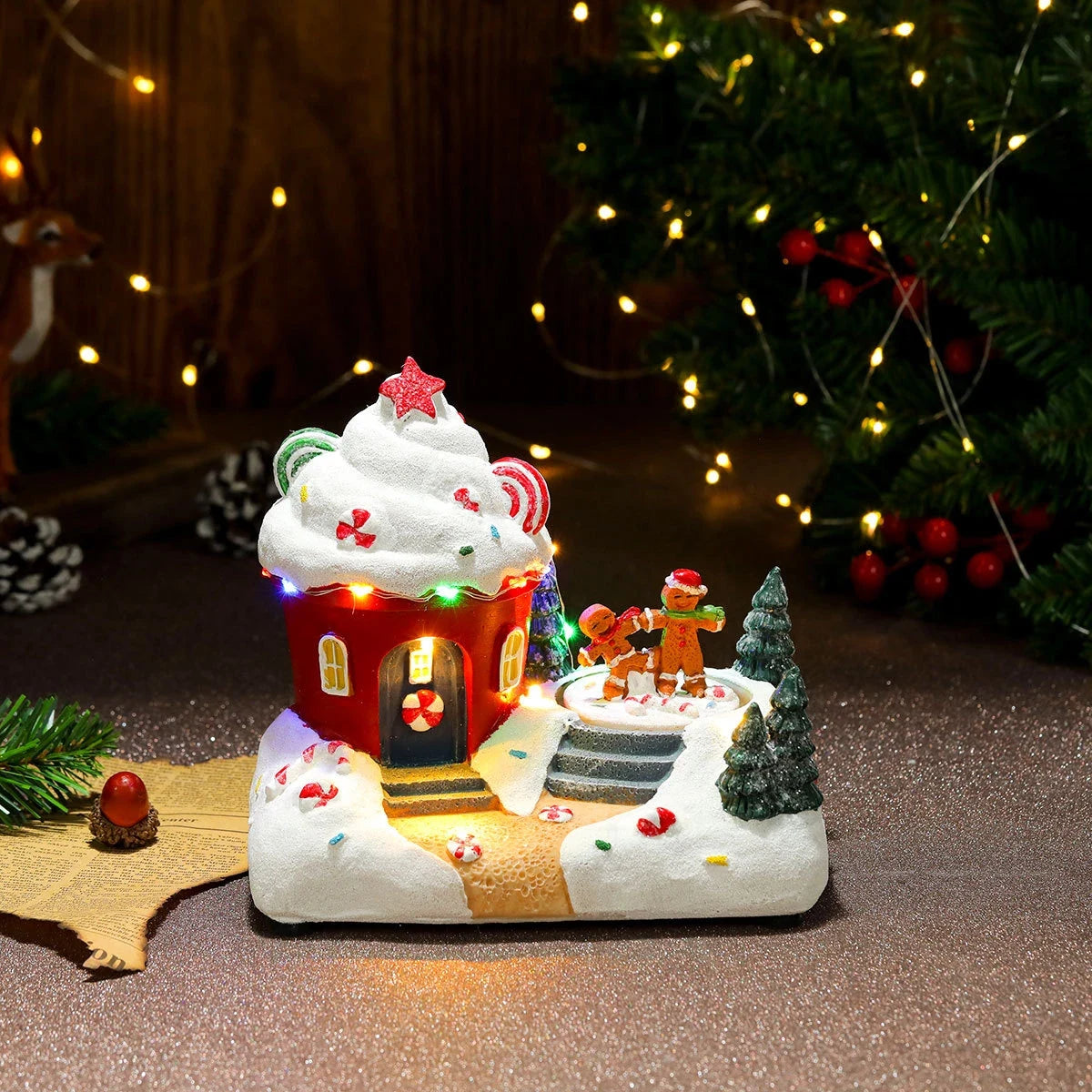 Christmas Village with LED Lights and Rotating Miniature Train Decoration - Image 24