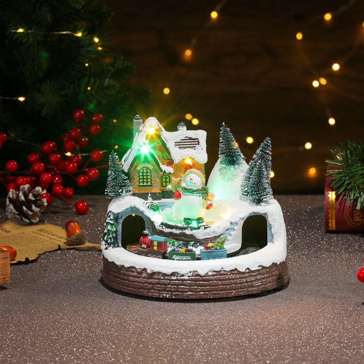 Christmas Village with LED Lights and Rotating Miniature Train Decoration - Image 27