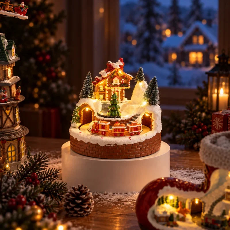 Christmas Village with LED Lights and Rotating Miniature Train Decoration - Image 3
