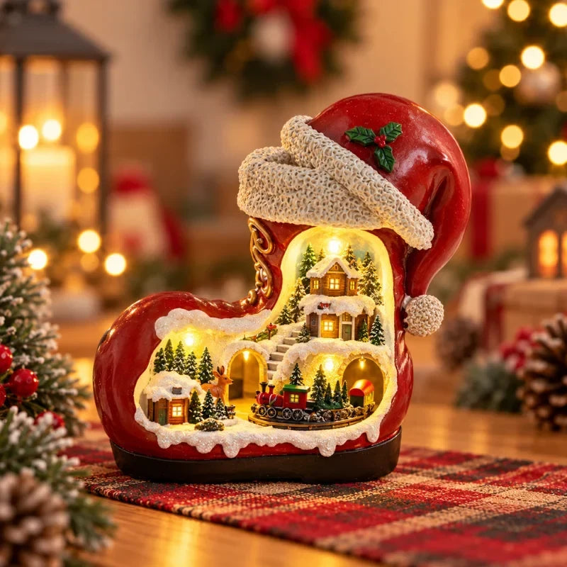 Christmas Village with LED Lights and Rotating Miniature Train Decoration - Image 4