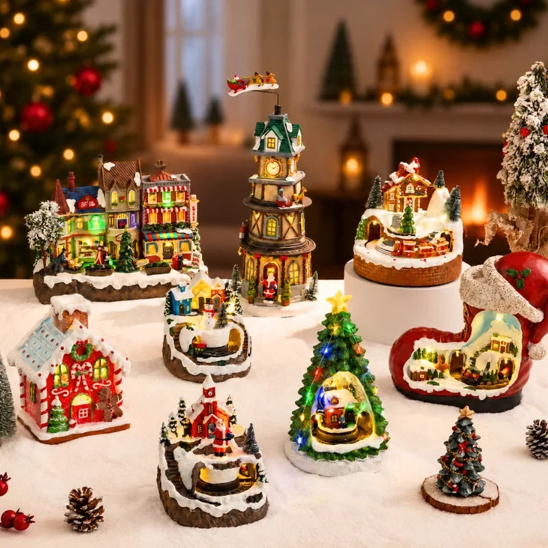 Christmas Village with LED Lights and Rotating Miniature Train Decoration - Image 5