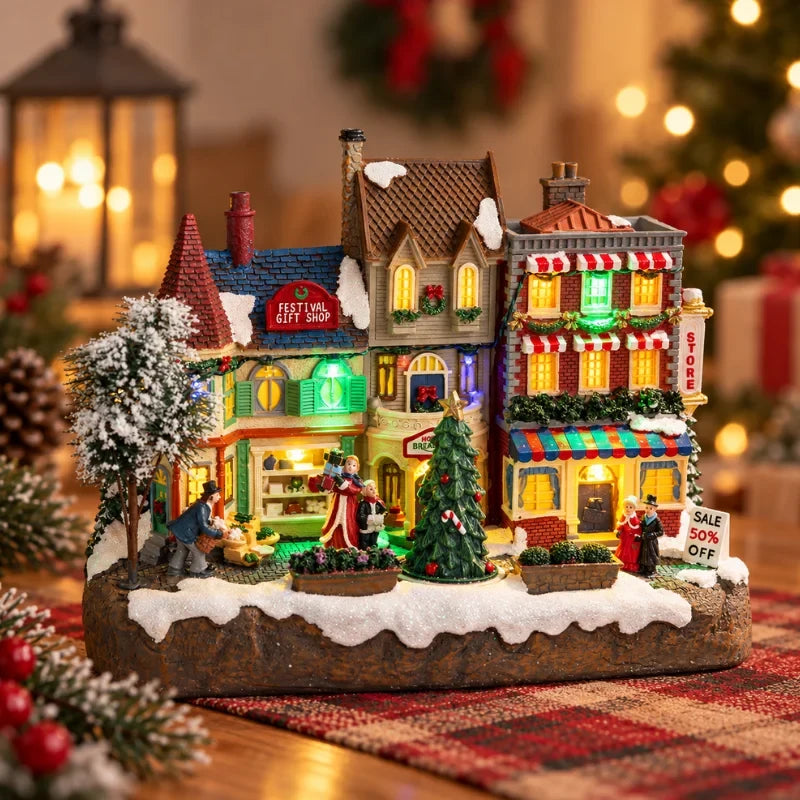 Christmas Village with LED Lights and Rotating Miniature Train Decoration - Image 7