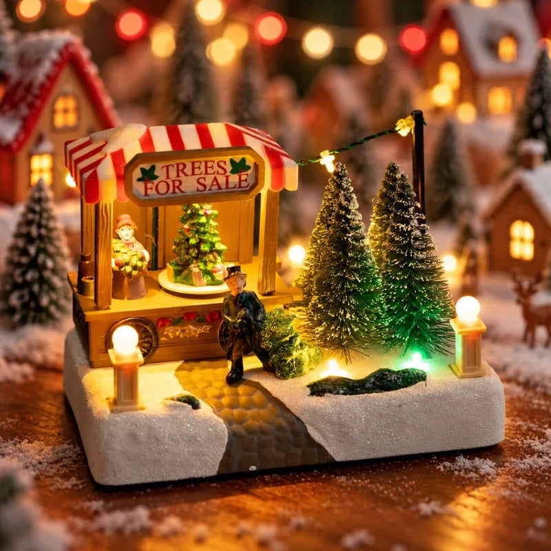 Christmas Village with LED Lights and Rotating Miniature Train Decoration - Image 8