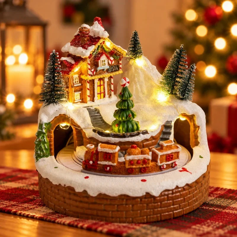 Christmas Village with LED Lights and Rotating Miniature Train Decoration - Image 9
