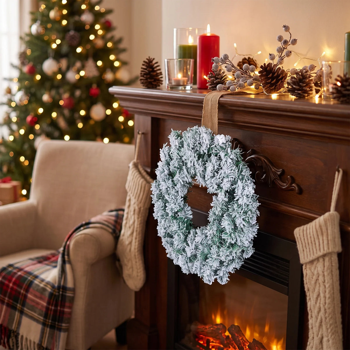 Christmas Wreath with Flocked Pine Needles and Snowflake Design for Front Door - Image 3