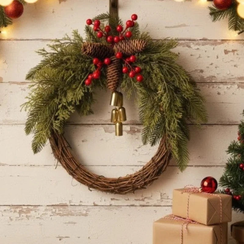Christmas Wreath with Golden Bells Pinecones and Artificial Evergreen - Image 2