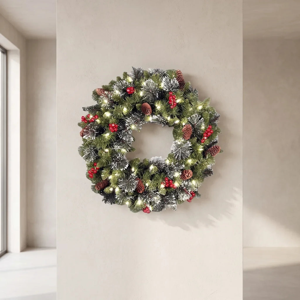 Christmas Wreath with LED Lights Artificial Pine Foliage Red Berries and Cones - Image 1